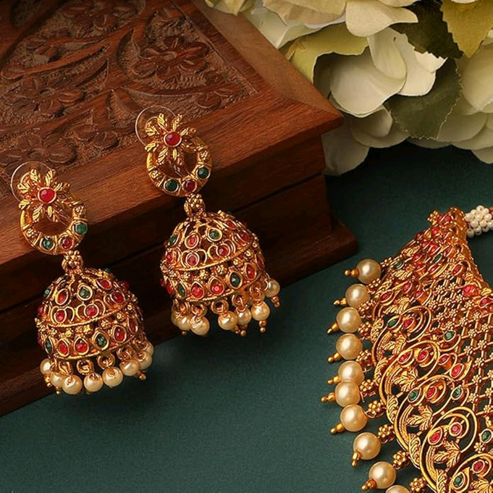 Stylish Fancy Pearl Choker Traditional Jewellery Set For Women  Temple Necklace Set  Festive Weddin 3