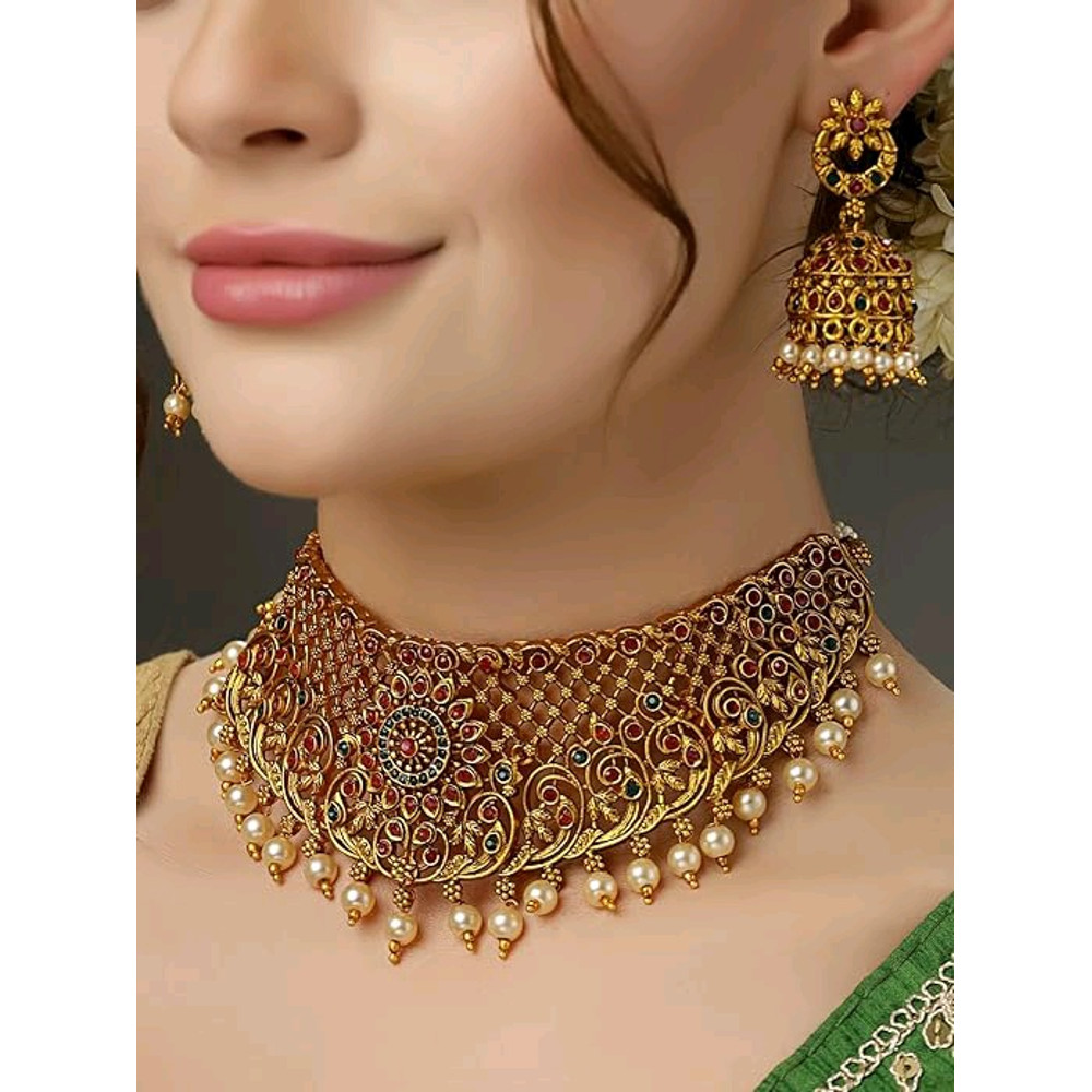 Stylish Fancy Pearl Choker Traditional Jewellery Set For Women  Temple Necklace Set  Festive Weddin 4