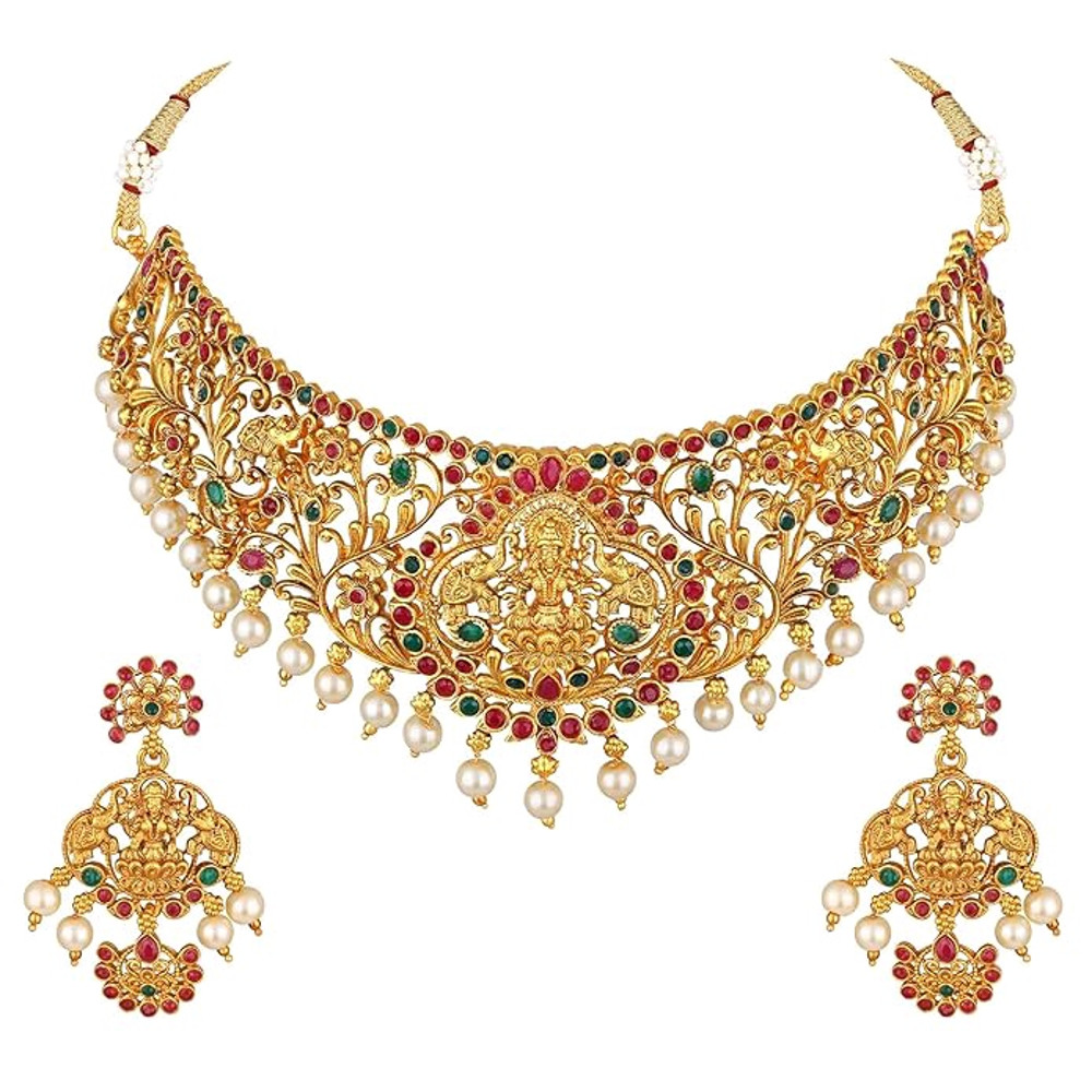 Stylish Fancy Pearl Choker Traditional Jewellery Set For Women  Temple Necklace Set  Festive Weddin 0