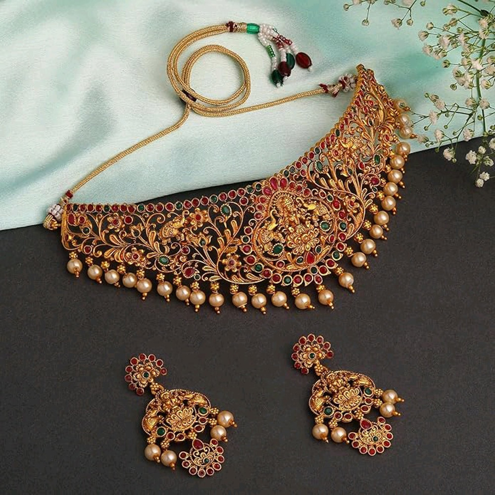 Stylish Fancy Pearl Choker Traditional Jewellery Set For Women  Temple Necklace Set  Festive Weddin 2