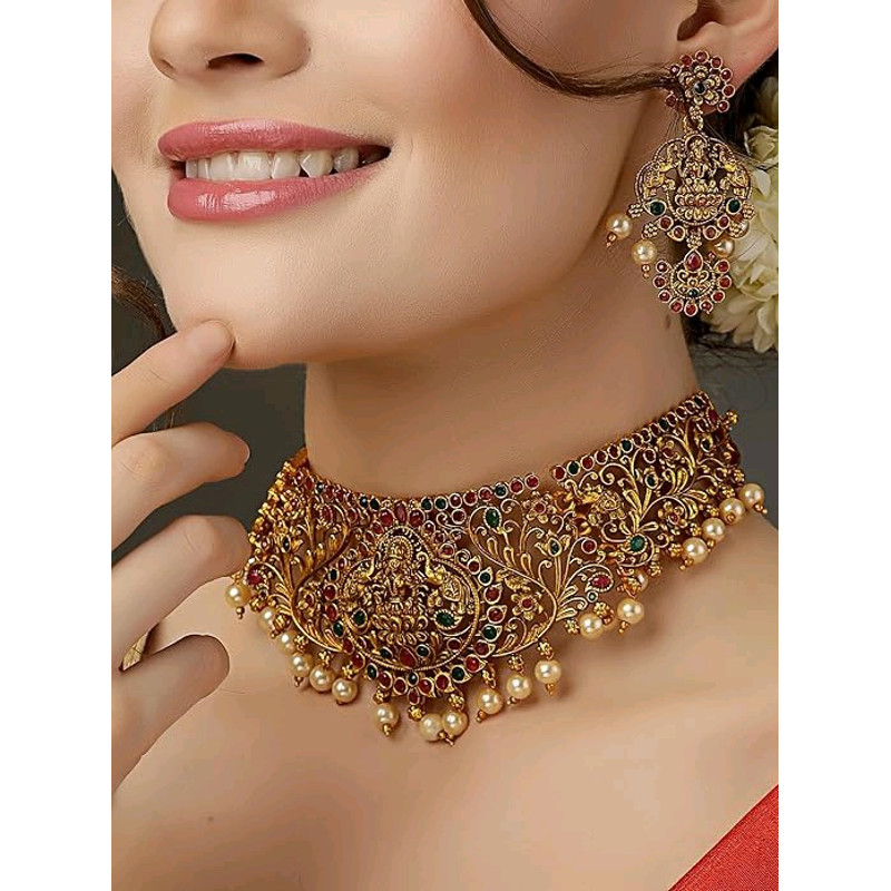 Stylish Fancy Pearl Choker Traditional Jewellery Set For Women  Temple Necklace Set  Festive Weddin 3