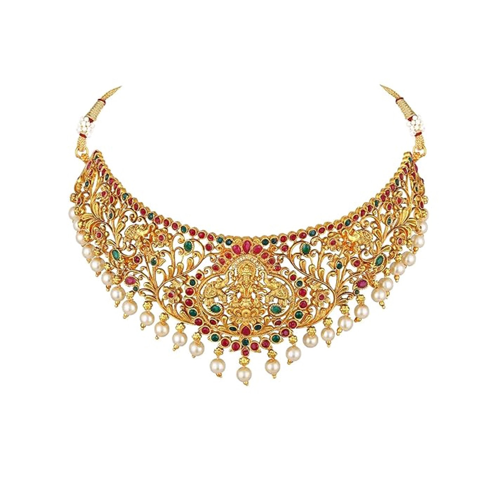 Stylish Fancy Pearl Choker Traditional Jewellery Set For Women  Temple Necklace Set  Festive Weddin 4