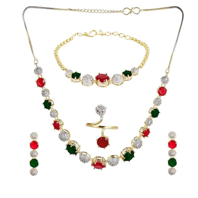 Jewellery Set For Women American Diamond Combo Of Choker Necklace Set With Earrings Bracelet And Ri 0