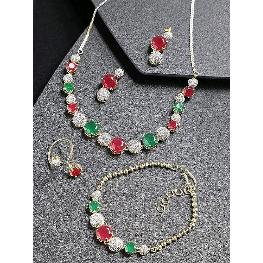 Jewellery Set For Women American Diamond Combo Of Choker Necklace Set With Earrings Bracelet And Ri 1