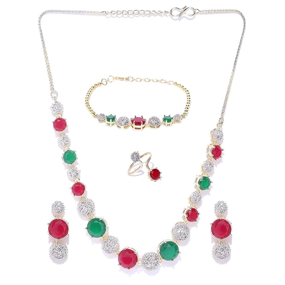 Jewellery Set For Women American Diamond Combo Of Choker Necklace Set With Earrings Bracelet And Ri 2