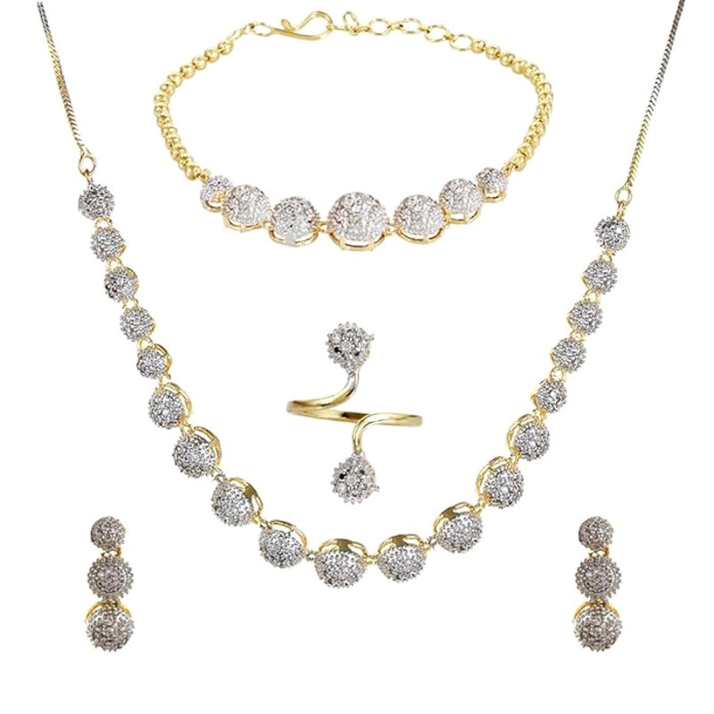 Jewellery Set For Women American Diamond Combo Of Choker Necklace Set With Earrings Bracelet And Ri 0