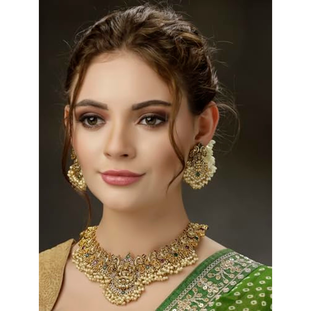 Fancy Pearl Choker Traditional Jewellery Set For WomeN Temple Necklace Set Festive Wedding Party 1