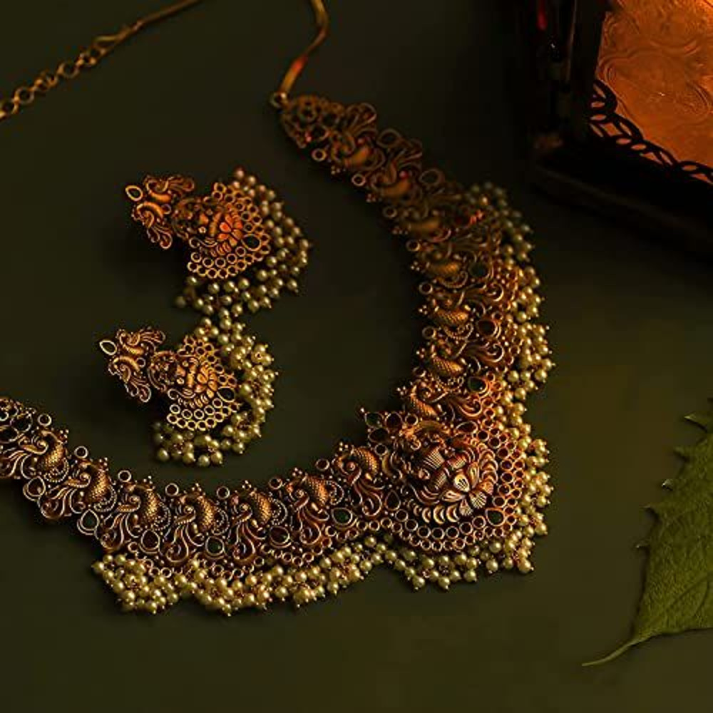 Fancy Pearl Choker Traditional Jewellery Set For WomeN Temple Necklace Set Festive Wedding Party 3