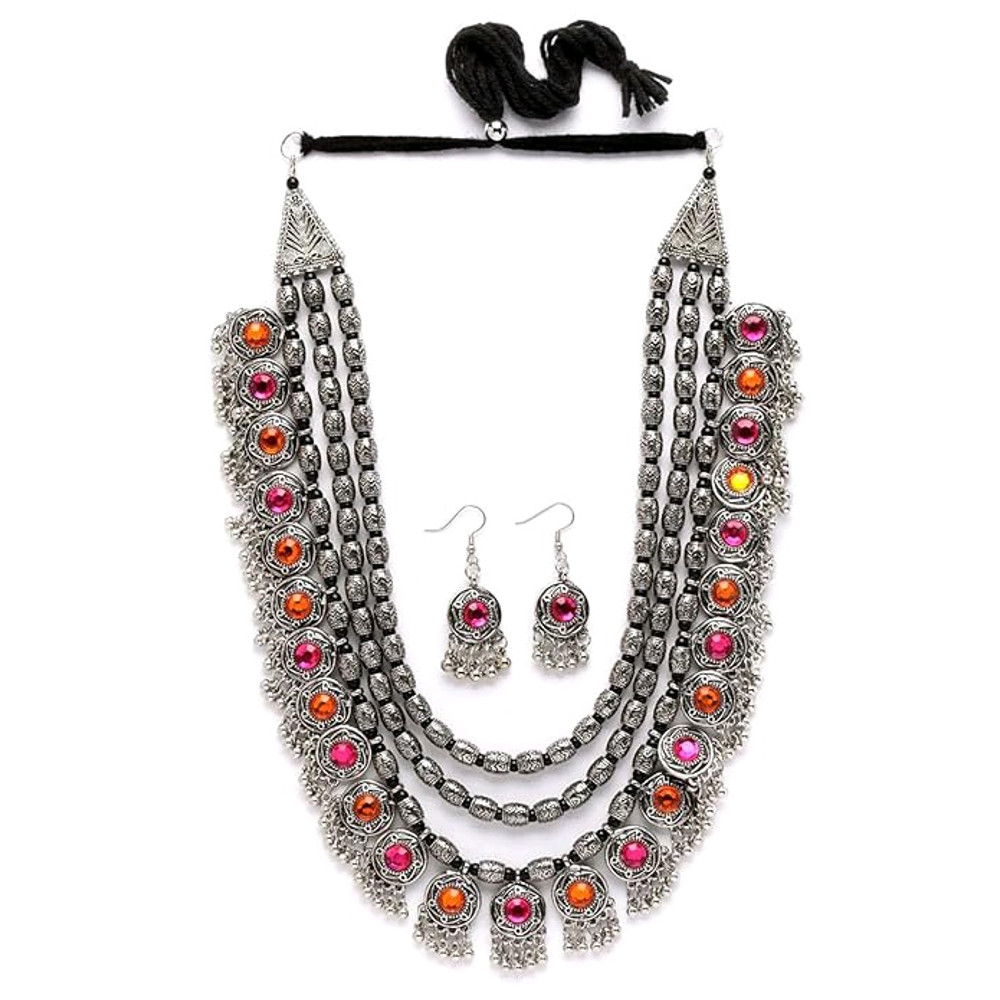 Atest Stylish Fancy Oxidised Silver Tribal Necklace Jewellery Set For Women Multicolour 0