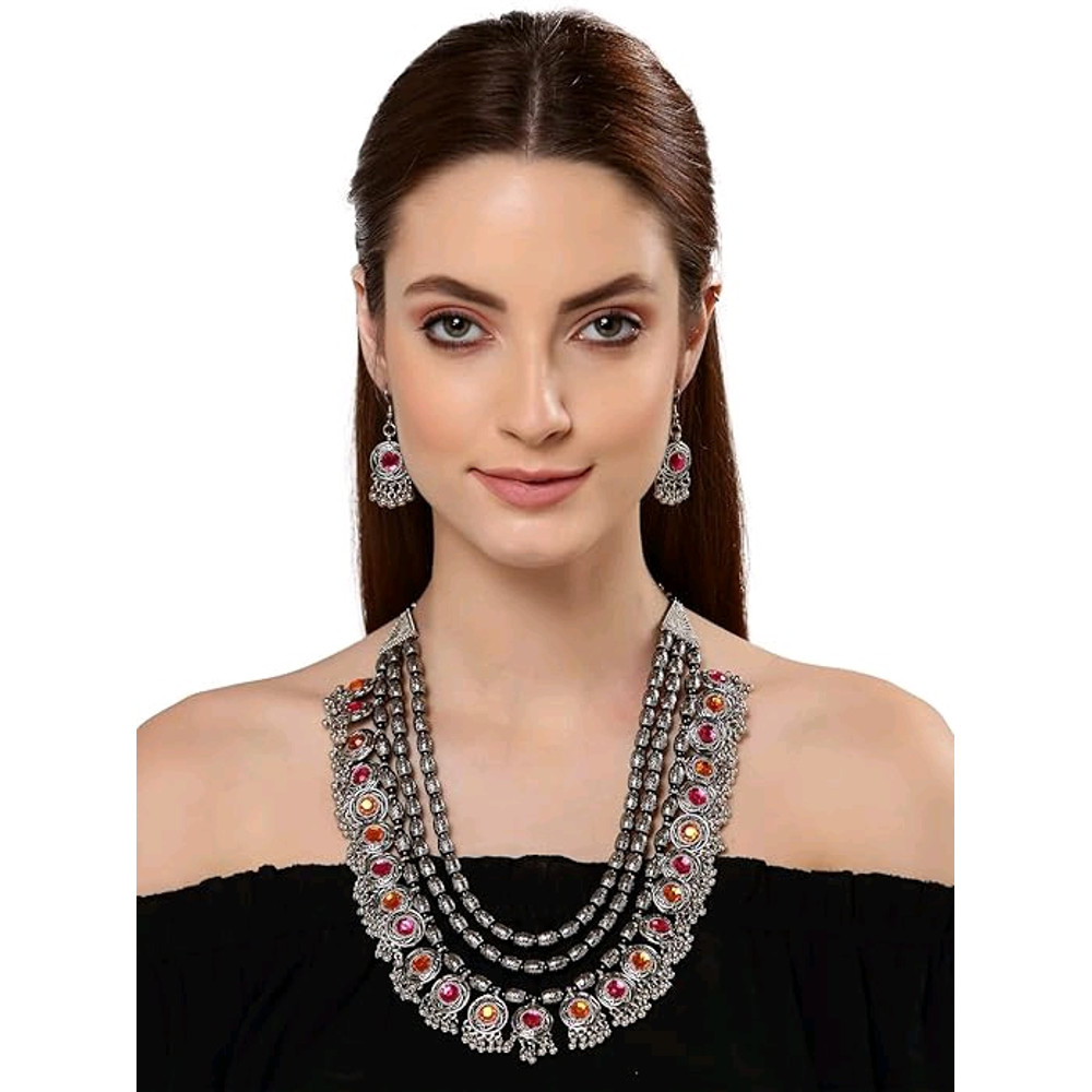 Atest Stylish Fancy Oxidised Silver Tribal Necklace Jewellery Set For Women Multicolour 1