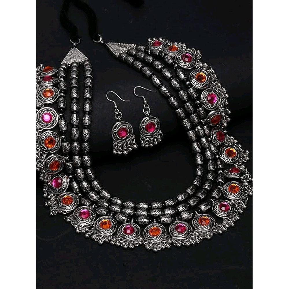 Atest Stylish Fancy Oxidised Silver Tribal Necklace Jewellery Set For Women Multicolour 2