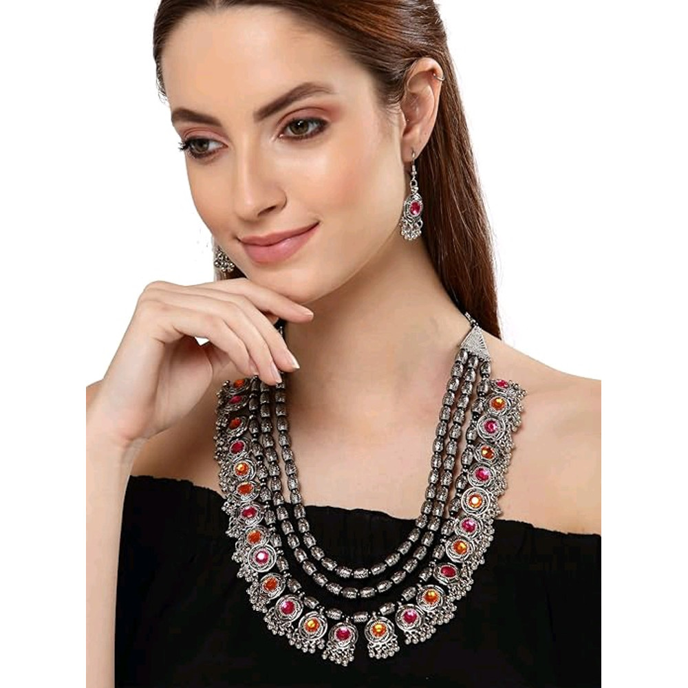Atest Stylish Fancy Oxidised Silver Tribal Necklace Jewellery Set For Women Multicolour 3