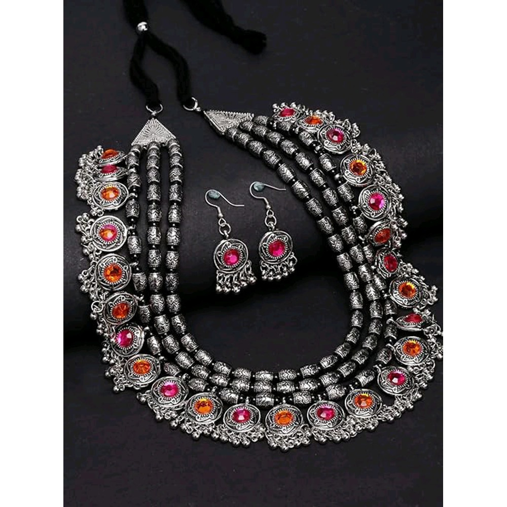 Atest Stylish Fancy Oxidised Silver Tribal Necklace Jewellery Set For Women Multicolour 4