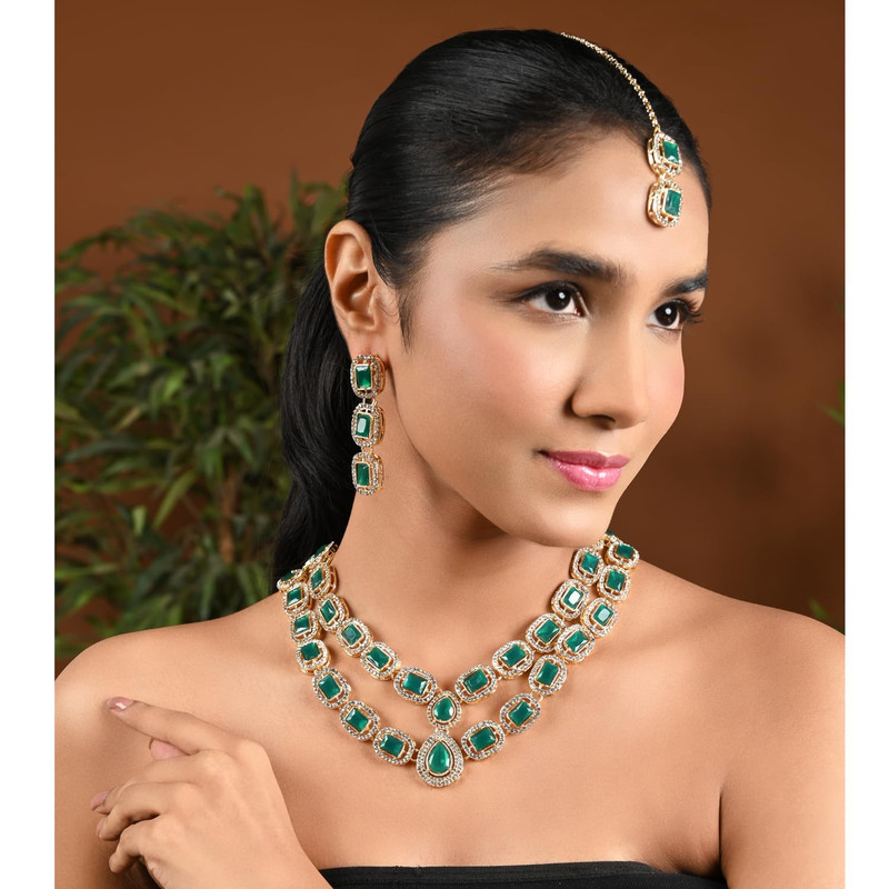 Gold Plated Traditional Stone Valentine Special Necklace With Earring Maang Tikka Set For Women 6