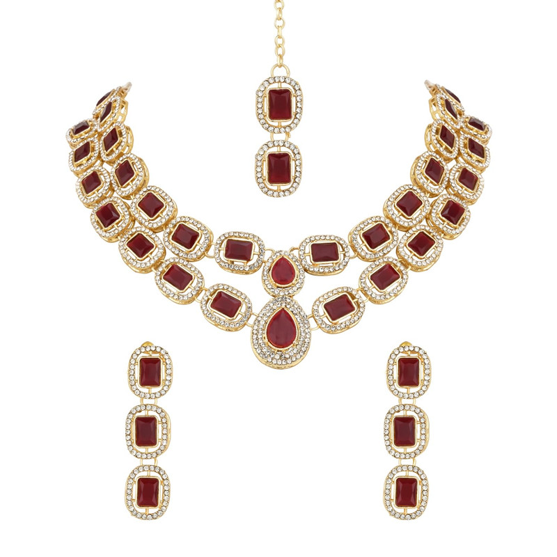 Traditional Stone Valentine Special Necklace With Earring  Maang Tikka Set For Women 0