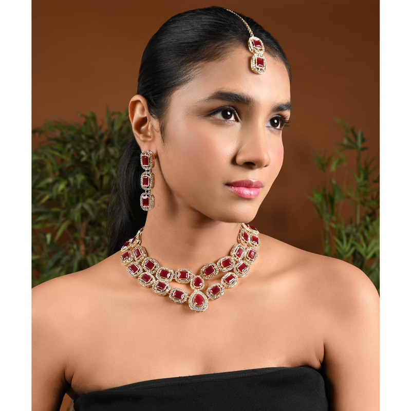 Traditional Stone Valentine Special Necklace With Earring  Maang Tikka Set For Women 1