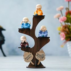 set of 4 monk buddha statue showpiece with wooden stand for peaceful world | resin buddha idols for home decor living