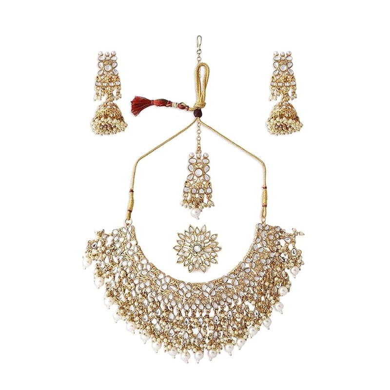 Gold Tone Kundan Choker Necklace Earring Maangtikka Ring Set For Women 0