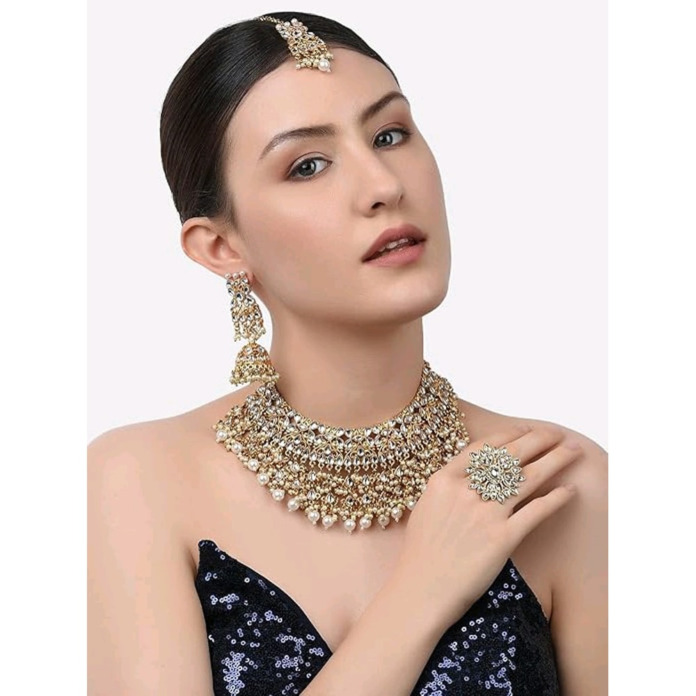 Gold Tone Kundan Choker Necklace Earring Maangtikka Ring Set For Women 1