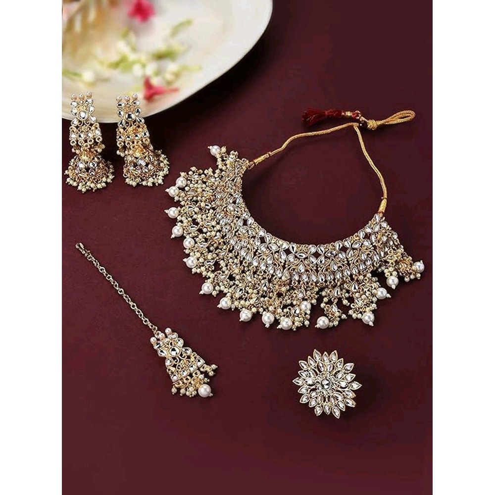 Gold Tone Kundan Choker Necklace Earring Maangtikka Ring Set For Women 2