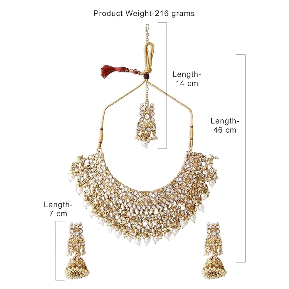 Gold Tone Kundan Choker Necklace Earring Maangtikka Ring Set For Women 4