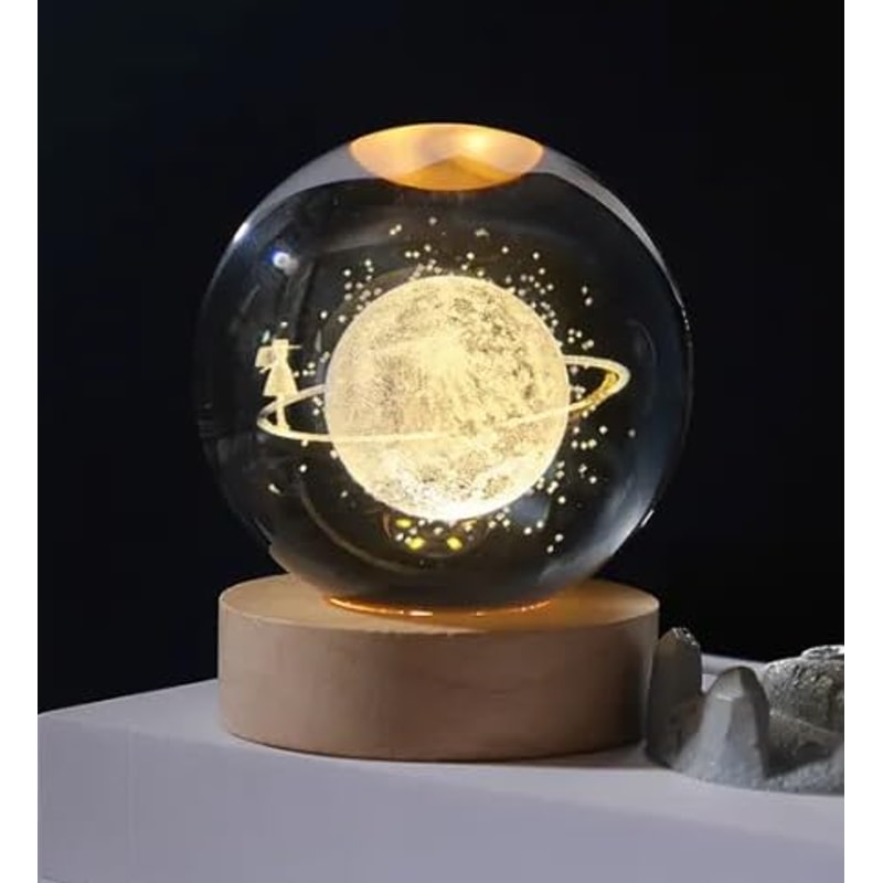 Big Moon Fairy 3D Crystal Ball Night Light With Wooden Base LED USB Table Lamp For Kids Teens And 5