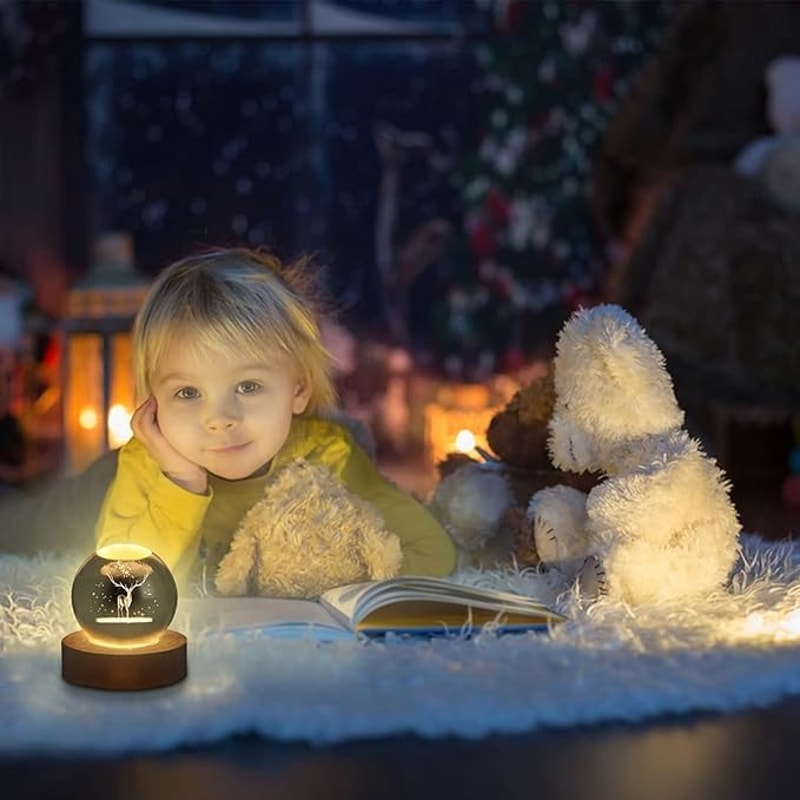 Deer 3D Crystal Ball Night Light With Wooden Base LED USB Table Lamp For Kids Teens And Home Decor 4