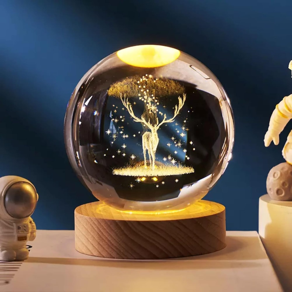 Deer 3D Crystal Ball Night Light With Wooden Base LED USB Table Lamp For Kids Teens And Home Decor 0