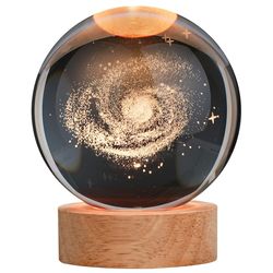 galaxy 3d crystal ball night light with wooden base - led usb table lamp for kids, teens, and home decor