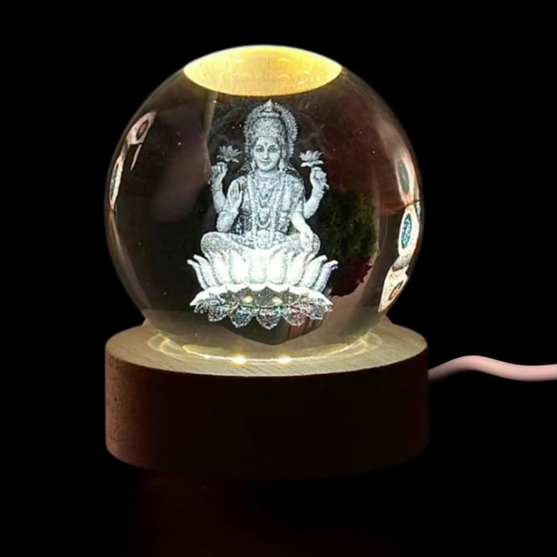 Goddess Laxmi Ji Crystal Ball Night Light 24 Inch Glass Ball Night LED Lamp Woodern Base Perfect Fo 1