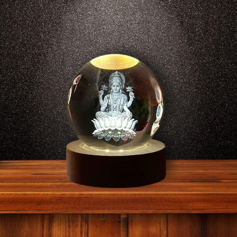 Goddess Laxmi Ji Crystal Ball Night Light 24 Inch Glass Ball Night LED Lamp Woodern Base Perfect Fo 2