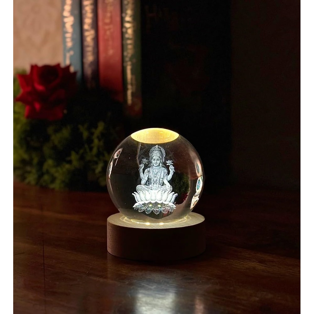 Goddess Laxmi Ji Crystal Ball Night Light 24 Inch Glass Ball Night LED Lamp Woodern Base Perfect Fo 3