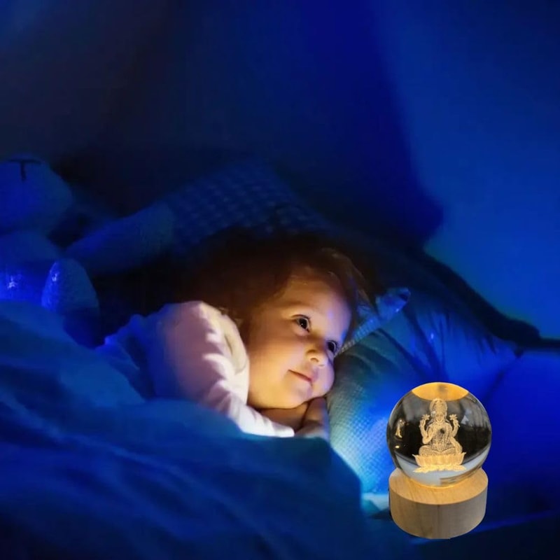 Goddess Laxmi Ji Crystal Ball Night Light 24 Inch Glass Ball Night LED Lamp Woodern Base Perfect Fo 4