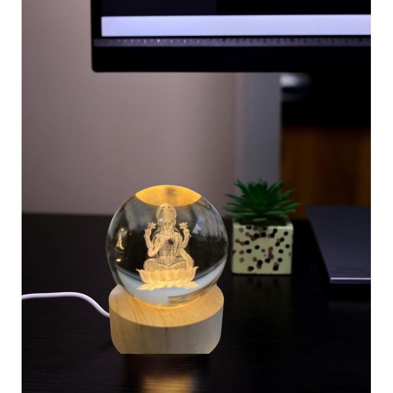 Goddess Laxmi Ji Crystal Ball Night Light 24 Inch Glass Ball Night LED Lamp Woodern Base Perfect Fo 5