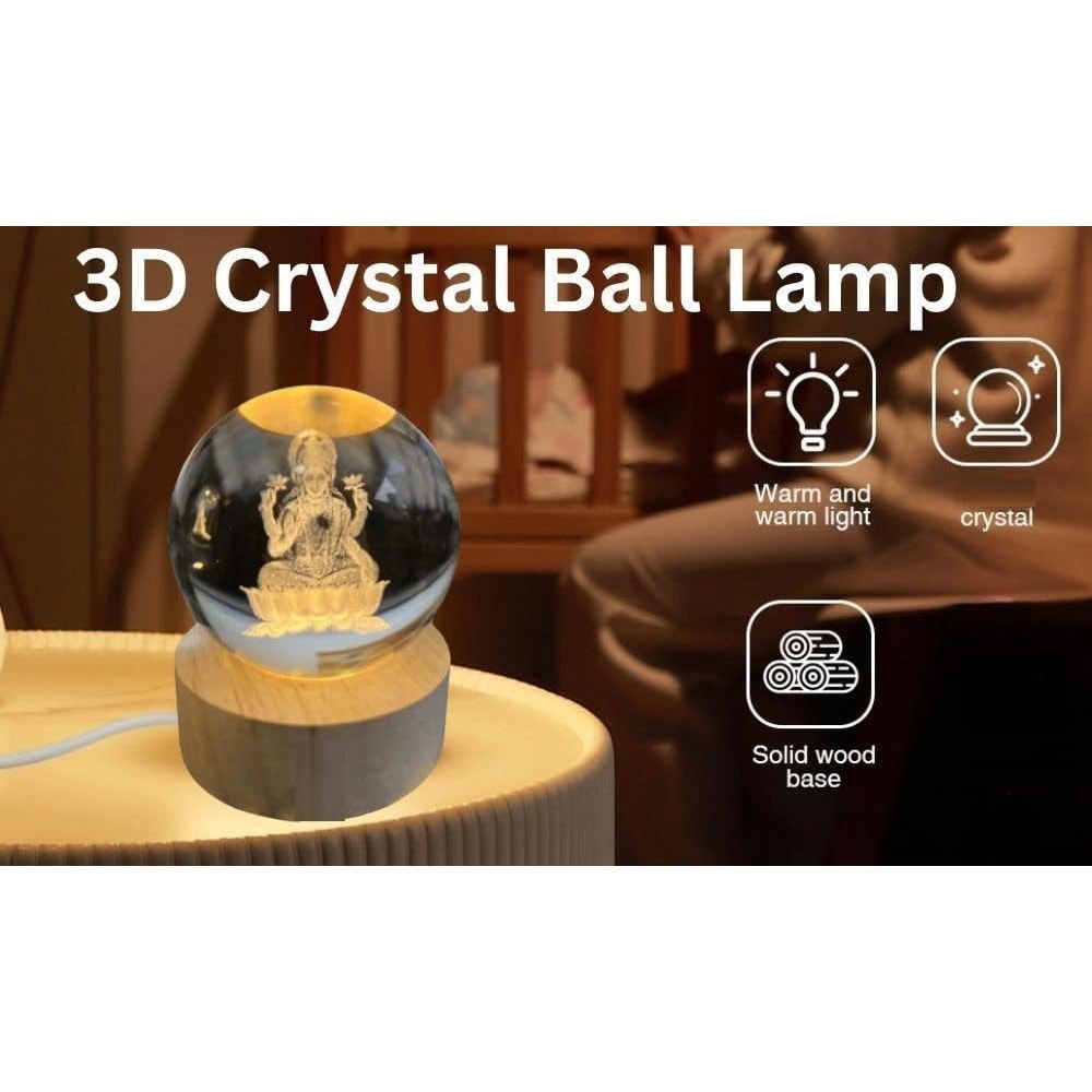 Goddess Laxmi Ji Crystal Ball Night Light 24 Inch Glass Ball Night LED Lamp Woodern Base Perfect Fo 7