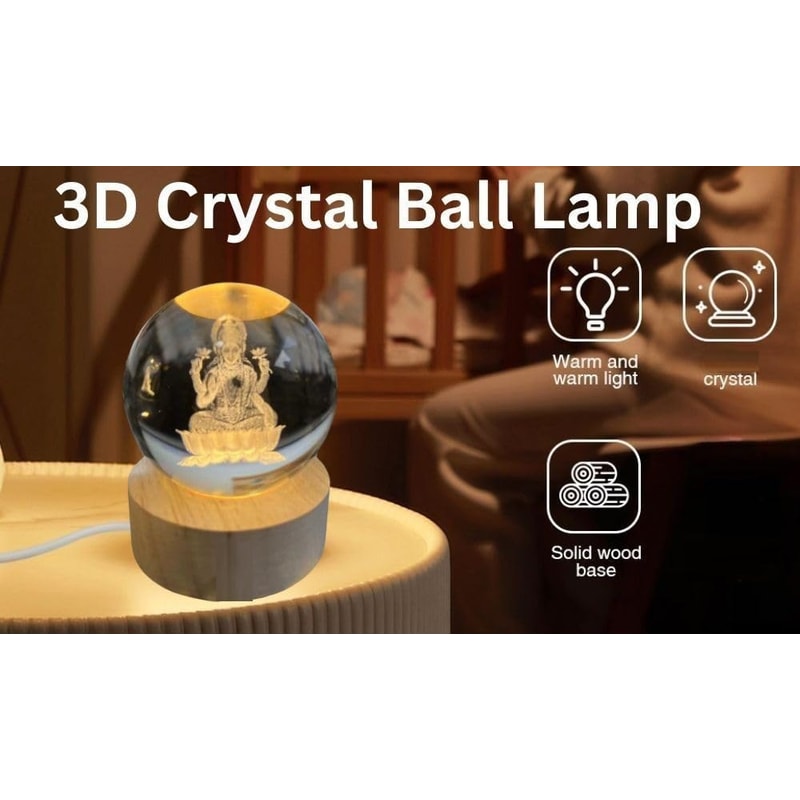 Goddess Laxmi Ji Crystal Ball Night Light 24 Inch Glass Ball Night LED Lamp Woodern Base Perfect Fo 7