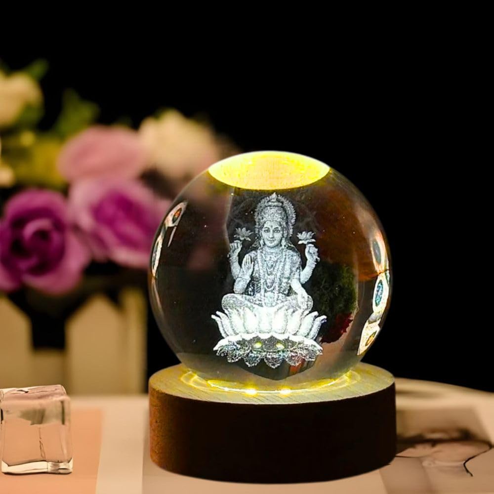 Goddess Laxmi Ji Crystal Ball Night Light 24 Inch Glass Ball Night LED Lamp Woodern Base Perfect Fo 0
