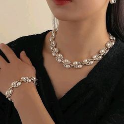 latest stylish design fancy pearl bracelet earrings necklace jewellery set for women