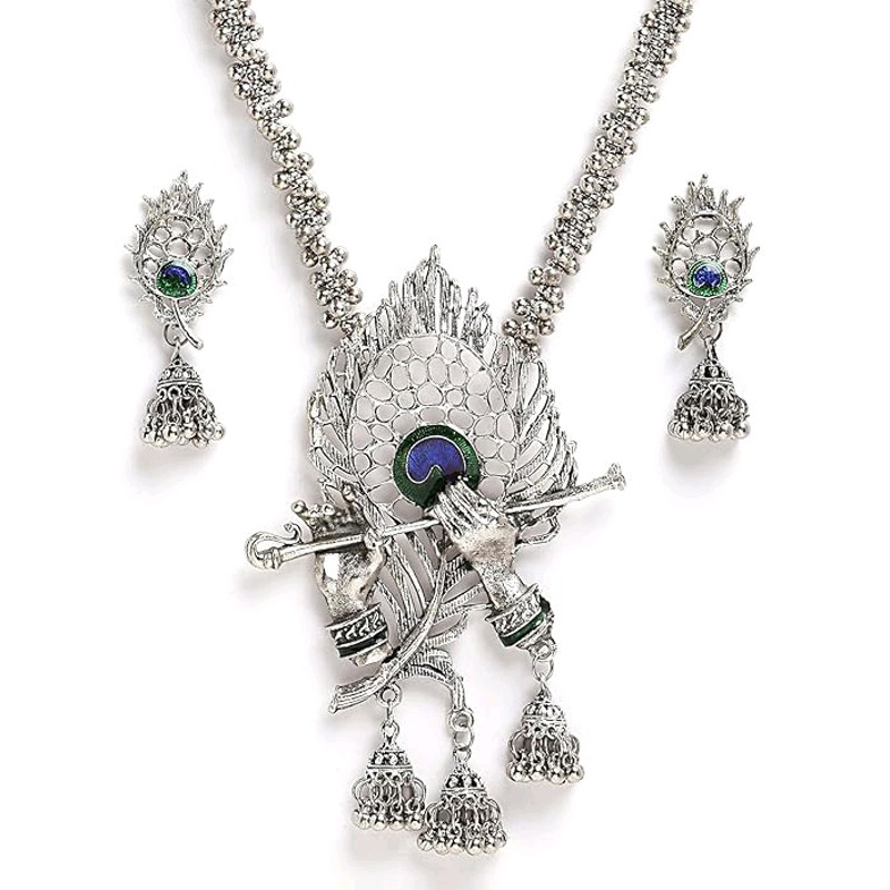 Latest Stylish Design Fancy Traditional Oxidised Silver Necklace Jewellery Set For Women 4