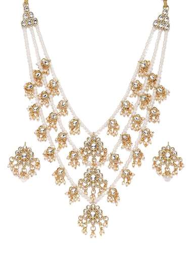 New Ethnic Kundan & Pearls Multi Layers Bridal Necklace Set For Women