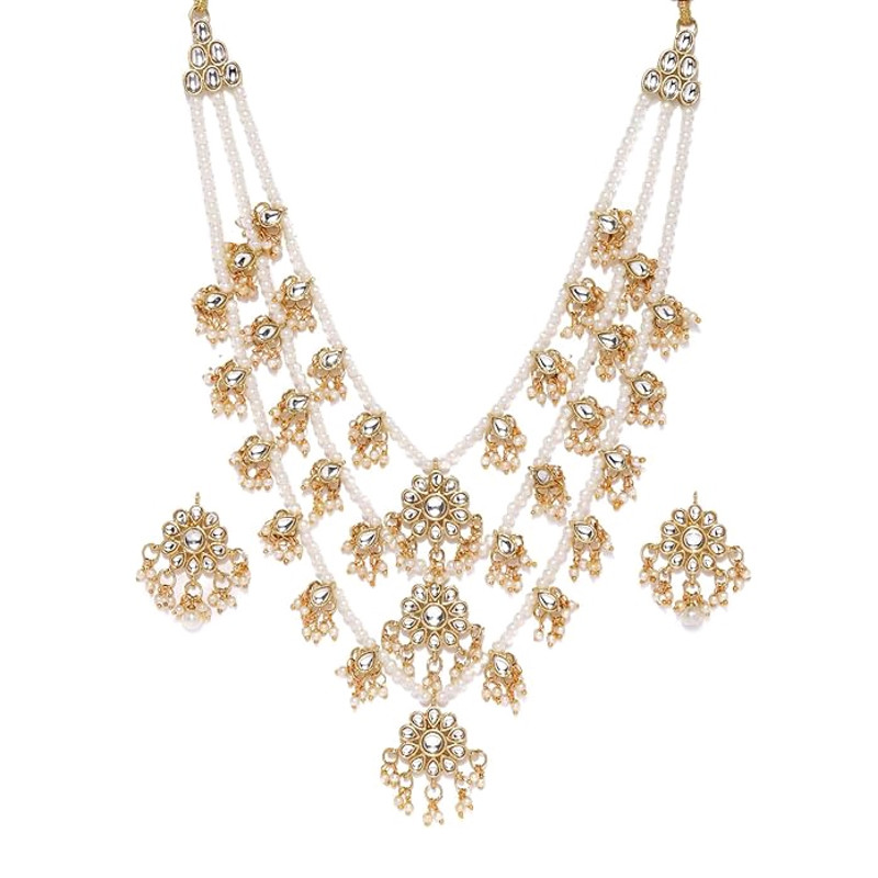 New Ethnic Kundan  Pearls Multi Layers Bridal Necklace Set For Women 0