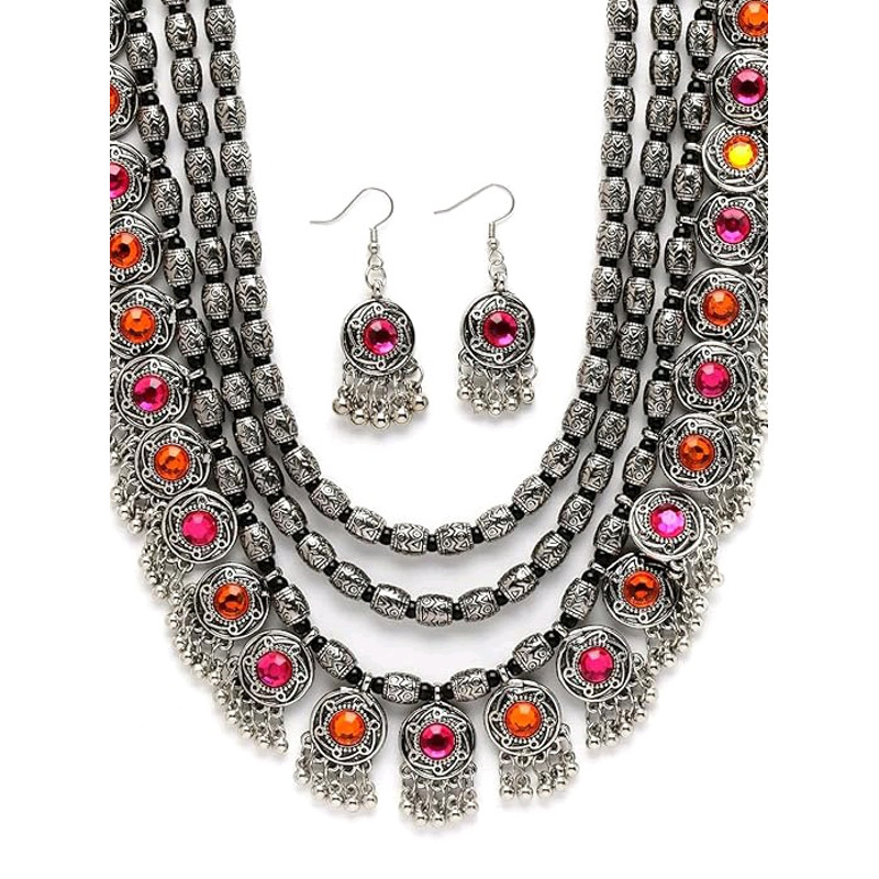 Latest Stylish Fancy Oxidised Silver Tribal Necklace Jewellery Set For Women 4