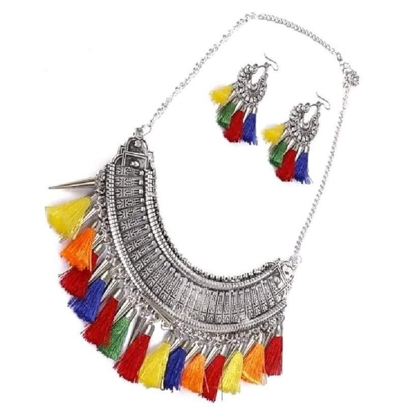 Women Oxidised Necklace Earring  Maang Tikka Set  Multicolor 1
