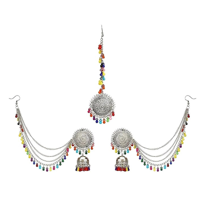 Women Oxidised Necklace Earring  Maang Tikka Set  Multicolor 2