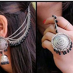 silver antique design stylish traditional maang tikka jhumka earrings jewellery set for women