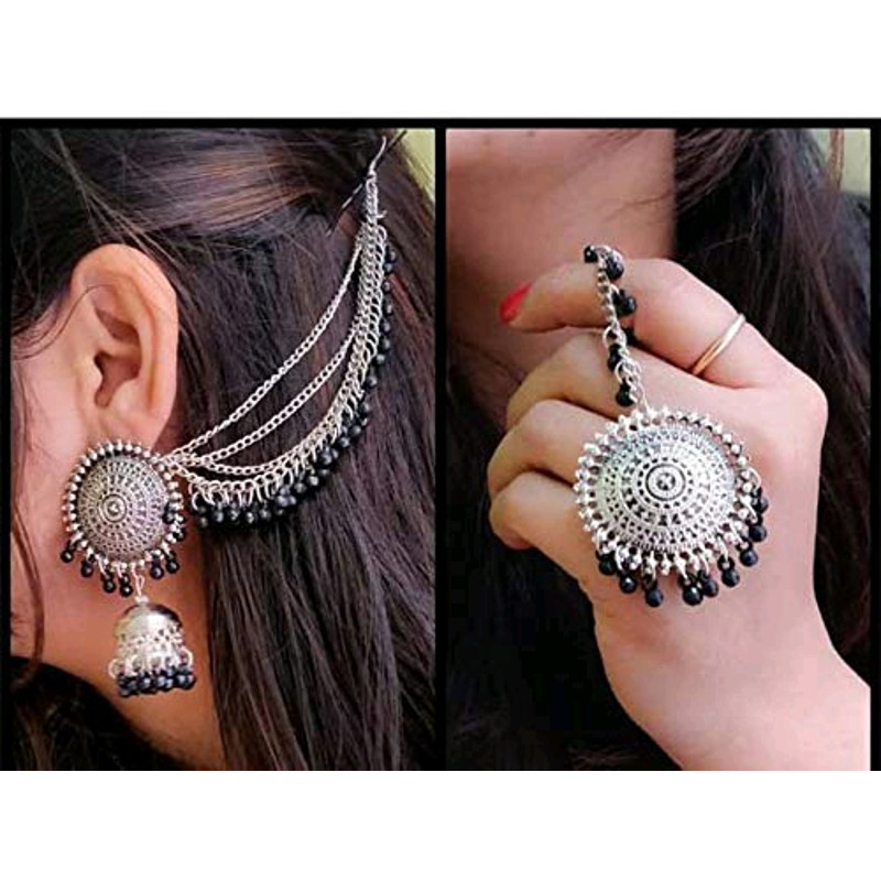 Silver Antique Design Stylish Traditional Maang Tikka Jhumka Earrings Jewellery Set For Women 0