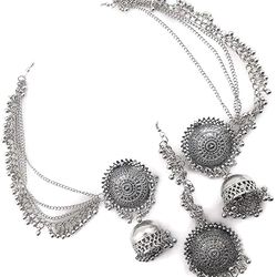 latest oxidised german silver antique design stylish traditional maang tikka jhumka earrings jewellery set for women