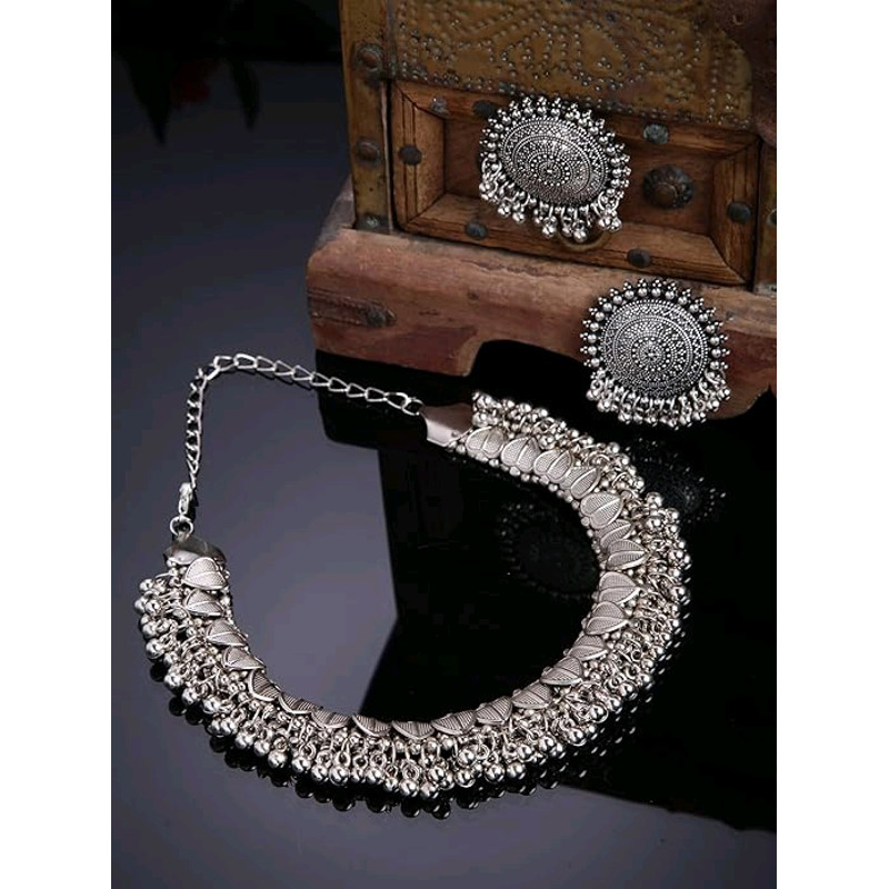 Design Fancy Traditional Oxidised Silver Necklace Jewellery Set For Women 3