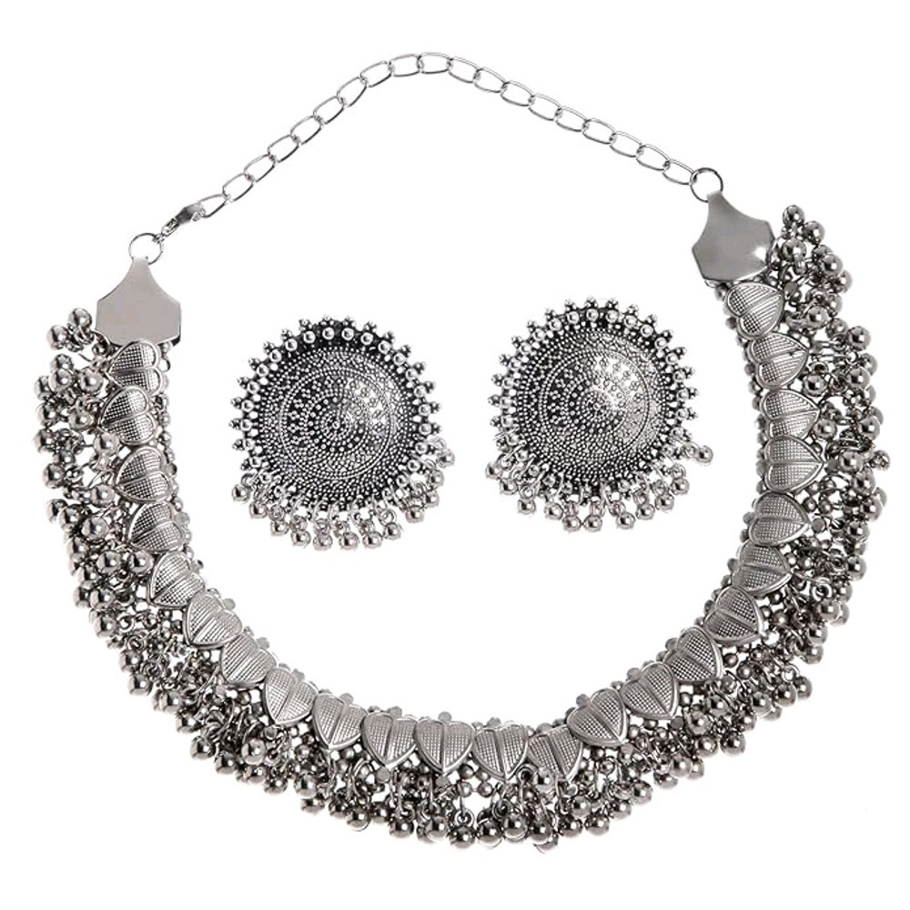 Design Fancy Traditional Oxidised Silver Necklace Jewellery Set For Women 5