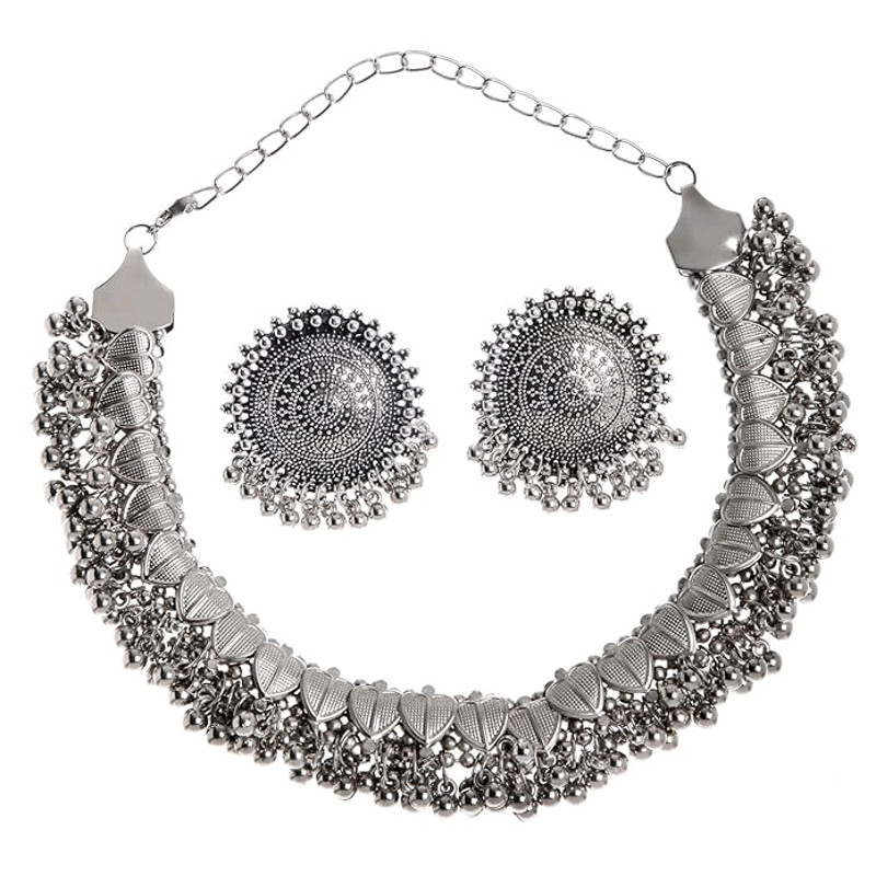 Design Fancy Traditional Oxidised Silver Necklace Jewellery Set For Women 5
